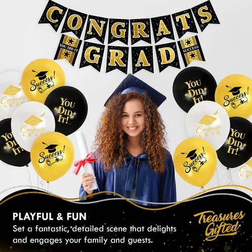 Miniatura 6 de Treasures Gifted Decoraciones de graduación doradas – Juego de 3 pancartas preencordadas – 1 pancarta de felicitación y 2 banderines – Suministros