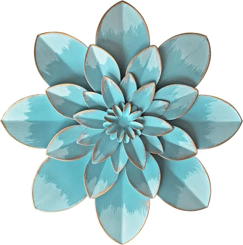 Miniatura 10 de Decoración artística de pared de flores de metal azul, escultura floral rústica moderna de 9.5 pulgadas, decoración desgastada para colgar