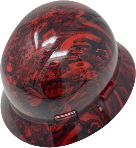 Miniatura 4 de Casco duro OSHA de ala completa, sin ventilación, diseño de calavera y tatuaje, acabado brillante, con suspensión de 6 puntos