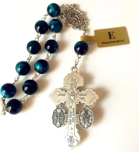 Miniatura 3 de elegantmedical Hecho a mano de pavo real bule ojo de tigre cuentas de jade rosario de coche oración católica una década rosario pulsera de pardón