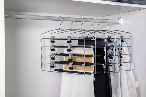 Miniatura 5 de Perchas de 3 pantalones de calidad, perchas de metal multibarra que ahorran espacio, estable con acolchado de espuma antideslizante, gancho Falda