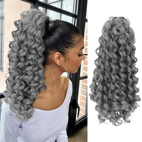 Miniatura 16 de Oseti Extensiones de cabello de cola de caballo gris con cordón para mujeres negras, 18 pulgadas, extensiones de cabello sintético rizado con clip