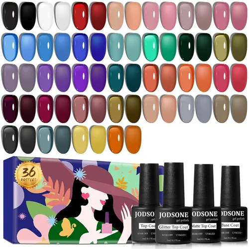 Miniatura 17 de JODSONE Juego de 36 esmaltes de uñas de gel, 32 colores, capa base, capa superior brillante mate y purpurina, juego de esmalte de uñas verde, azul