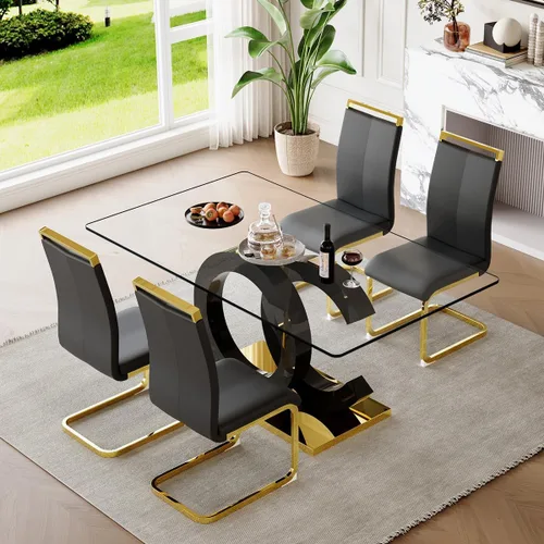 Miniatura 36 de gopop Mesa de comedor de cristal de 63 pulgadas, mesa de cocina moderna, mesa de comedor de vidrio transparente con patas de diseño único negro