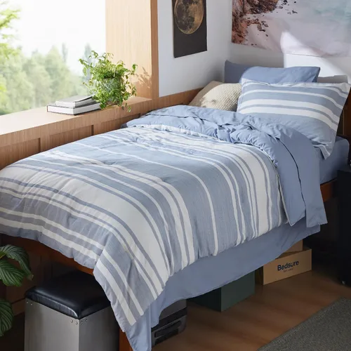 Miniatura 33 de Bedsure Juego de ropa de cama con edredón tamaño individual de 5 piezas, juego de ropa de cama a rayas azules para todas las estaciones, reversible