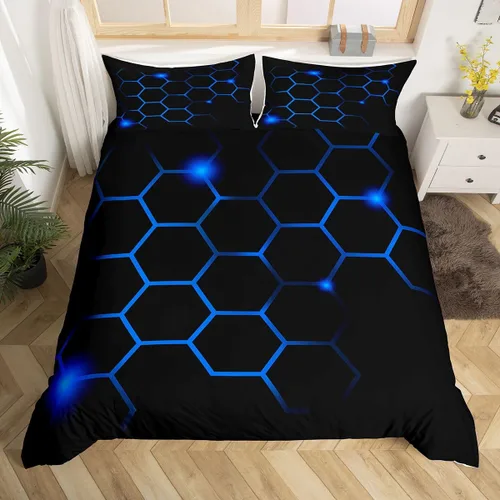 Miniatura 2 de Juego de funda de edredón hexagonal geométrica de panal de abeja, funda de edredón hexagonal moderna para niños, niños, niñas, azul neón, negro