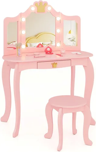 Miniatura 13 de HONEY JOY Tocador Infantil, Juego de Mesa y Silla de Maquillaje Temática de Corona para Niños con Cajón y Espejo Plegable, Espejo Desmontable, Juego