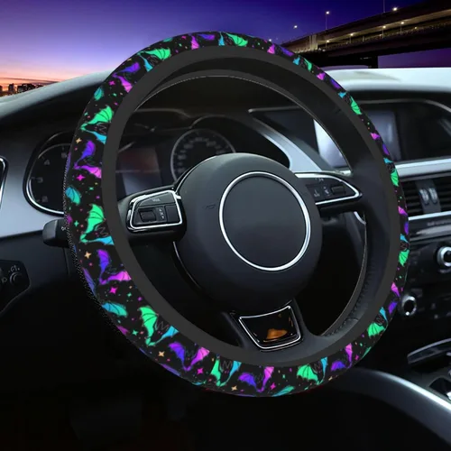 Miniatura 6 de Funda de volante para mujeres y hombres, coloridos murciélagos de Halloween, protector de volante de neopreno morado, ajuste universal