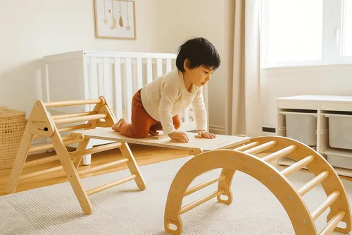 Miniatura 2 de Greenwalnut Juego de 2 triángulos de madera de Pikler + rampa/tobogán - Gimnasio de madera para niños - Escalera de madera para escalada - Pikler