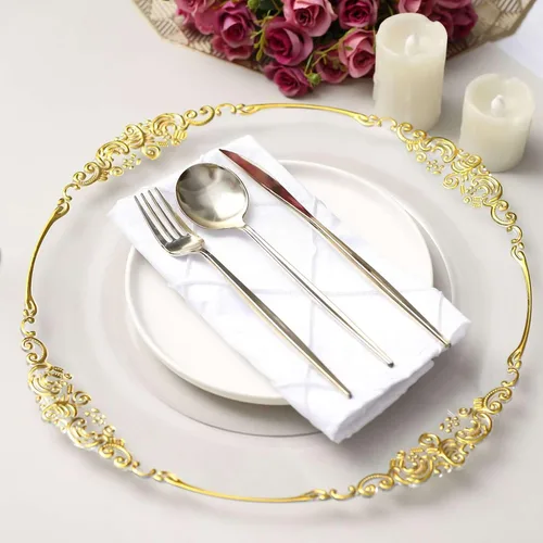 Miniatura 2 de Tableclothsfactory Paquete de 6 platos barrocos redondos de oro transparente de 13 pulgadas, borde en relieve de hojas para decoración de mesa