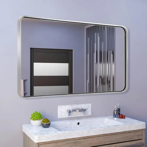 Miniatura 8 de ANDY STAR Espejos de baño cromados de 48 x 30 pulgadas, espejo de tocador cromado pulido, espejo rectangular redondeado para pared, marco de metal