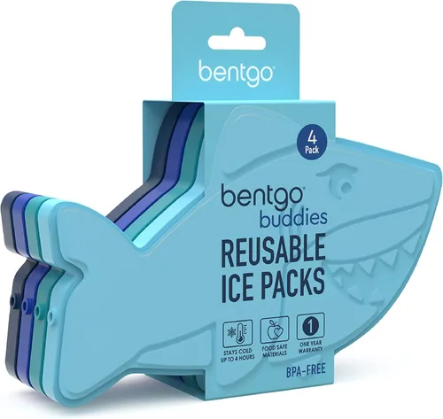 Miniatura 6 de Bentgo Buddies - Paquetes de hielo reutilizables delgados para cajas de almuerzo, bolsas de almuerzo y enfriadores - Paquete de 4 multicolor Tiburón