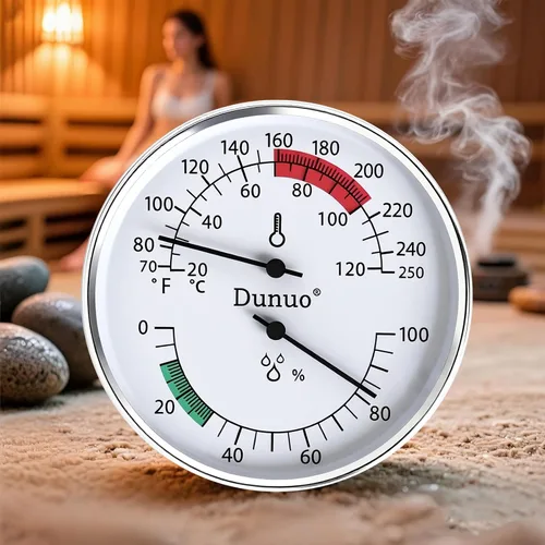 Miniatura 5 de Termómetro higrómetro de sauna, medidor de temperatura de 4 pulgadas con Fahrenheit y Celsius, 70-250°F / 0-100% HR, medidor analógico resistente al
