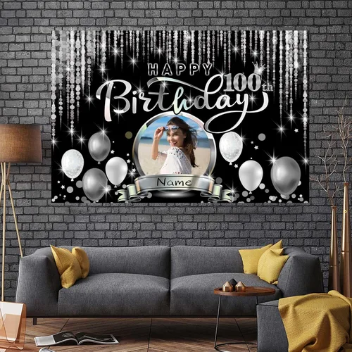 Miniatura 7 de Cartel de decoración de feliz cumpleaños número 100 personalizado - Personalización disponible - Negro y plateado - Tamaño grande - Admite fotos