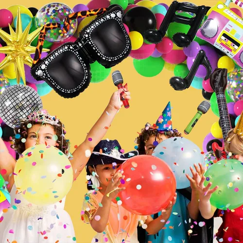 Miniatura 5 de JOGAMS Decoraciones de fiesta de los 80 y 90 165 piezas Globos con guitarra inflable retro, micrófono, anteojos, nota musical, globos de bola