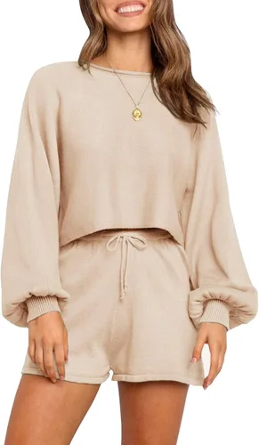 ZESICA - Conjunto de sudadera de manga larga y pantalón corto de punto para mujer, color sólido, informal, 2 piezas