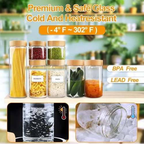 Miniatura 5 de Botes de vidrio con tapas herméticas de bambú - Juego de 3 envases de 80oz para cereales, frascos para galletas, almacenamiento de pasta - Tarros