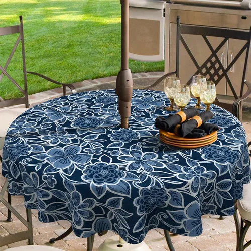 Miniatura 13 de Mantel redondo para exteriores e interiores con cremallera de agujero para paraguas, funda decorativa para mesa circular para jardín del hogar, 60