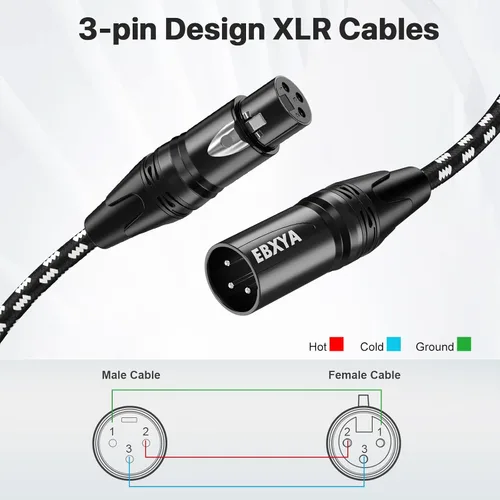 Miniatura 6 de EBXYA Paquete de 4 cables XLR de 6 pies, cable de micrófono XLR trenzado de alta calidad macho a hembra, 3 pines, cables de micrófono equilibrados