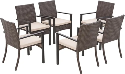 Miniatura 15 de Sophia & William Juego de 4 sillas de ratán para patio, 4 sillas de comedor de mimbre para exteriores con cojines de asiento y reposabrazos de madera