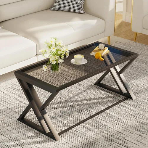 Miniatura 15 de Mesa de café Wolawu de vidrio negro para sala de estar, mesa central rectangular moderna con marco de metal resistente, mesa de té de vidrio