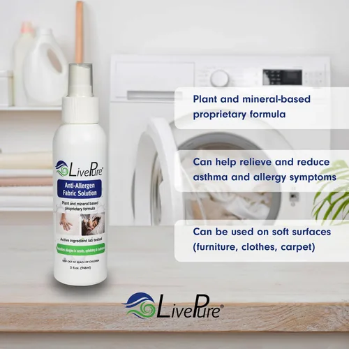 Miniatura 4 de LivePure Spray de tela antialérgeno de 3 onzas para superficies domésticas. Spray antialérgeno a base de plantas para ácaros del polvo y caspa