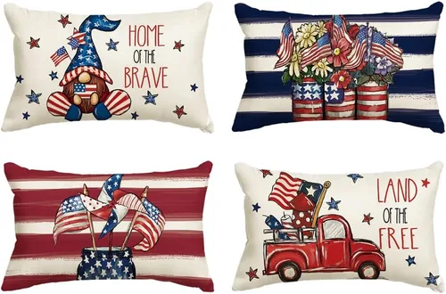 AVOIN colorlife Juego de 4 fundas de almohada patrióticas a rayas del 4 de julio, 12 x 20 pulgadas, Día de los Caídos de la Independencia, bandera