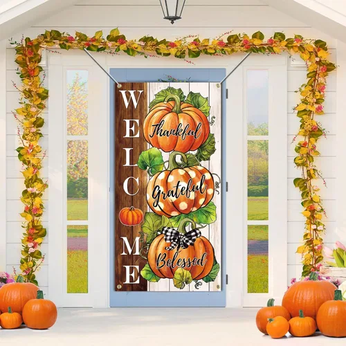 Miniatura 7 de SENSEVEN Cartel de puerta con texto en inglés "Happy Fall Y'all", cartel grande de bienvenida para el porche de Acción de Gracias, decoración