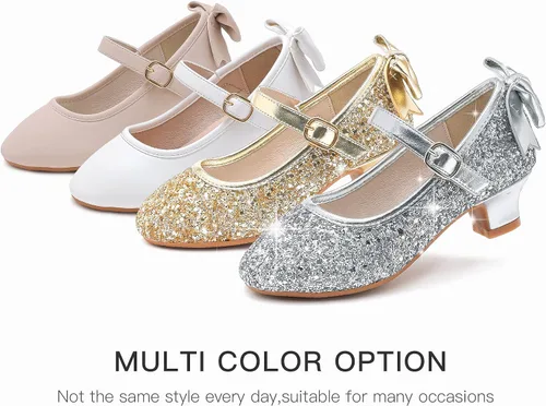 Miniatura 8 de Dufannie Zapatos de vestir para niñas, zapatos de tacón bajo de princesa, zapatos planos con purpurina para bodas y fiestas