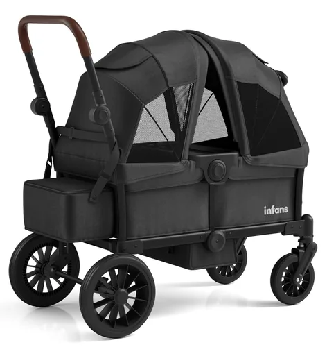 INFANS Cochecito Vagón para 2 niños, barra plegable ajustable con asa de empujar y tirar, cochecito vagón de 2 plazas con toldo extraíble y bandeja