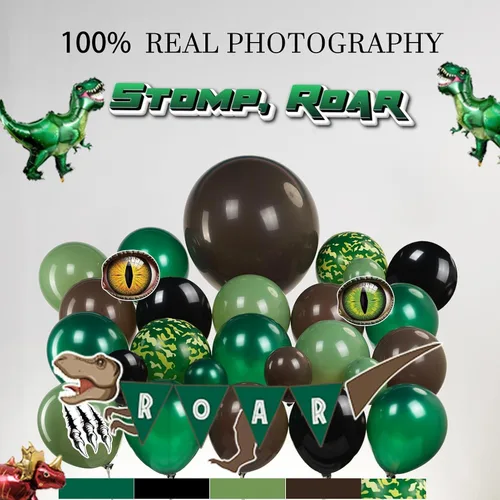 Miniatura 3 de Decoraciones de Fiesta de Cumpleaños de Dinosaurio kit de arco de globos verde cazador negro marrón con mini globos de papel de aluminio de dino