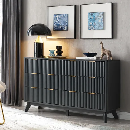 Miniatura 20 de T4TREAM Cómoda acanalada de 3 cajones, cómoda moderna de 32 pulgadas de alto, diseño de perfil curvo, organizador de cajones de madera para Aliso