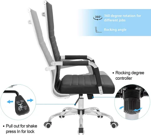 Miniatura 4 de Silla de oficina acanalada con respaldo alto, silla de escritorio de piel sintética, silla giratoria ajustable, silla de computadora con Negro