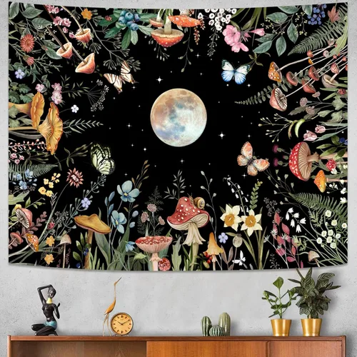 Miniatura 3 de AMM Tapiz de jardín con luna iluminada por la luna, plantas verdes botánicas, hongos, flores, tapiz para colgar en la pared, color negro