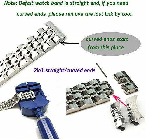 Miniatura 5 de DAHASE Correa de reloj de acero inoxidable con extremo recto curvo 2 en 1, 12, 14, 15, 16, 17, 18, 19, 20, 21, 22, 23, 24, 1.024 in, correa