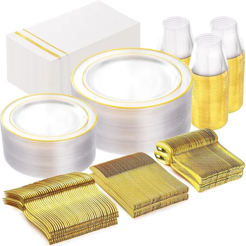 Miniatura 20 de GATHER 350 platos de plástico dorados. El juego de vajilla de plástico desechable blanco y dorado incluye 50 platos llanos, 50 platos de postre, 150