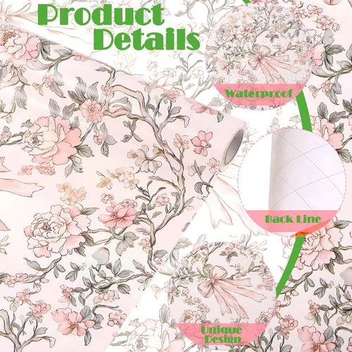 Miniatura 2 de Ywdbzjhs 1 rollo de papel de regalo de lazo rosa y flores, 17 pulgadas x 33 pies, papel de regalo con lazos florales vintage coqueta, para San