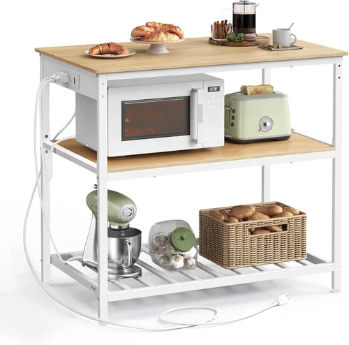 VASAGLE Isla de cocina con 3 estantes, estante de cocina con tira de alimentación, 23.6 x 39.4 x 34.9 pulgadas, encimera grande, estructura de