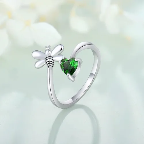 Miniatura 3 de FJ Anillo abierto de plata de ley para mujer, con piedra natal (anillo ajustable)