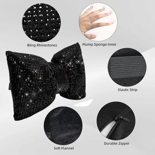 Miniatura 5 de 2 PCS Almohadas Brillantes para Automóvil, Almohada de Reposacabezas de Coche con Lazo de Pedrería, Almohada Cervical para Coche para Relajación