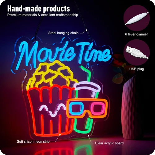 Miniatura 2 de Movie Time - Letrero de neón para sala de cine de palomitas de maíz, luz LED, alimentada por USB, para decoración de pared, sala de cine, fiesta