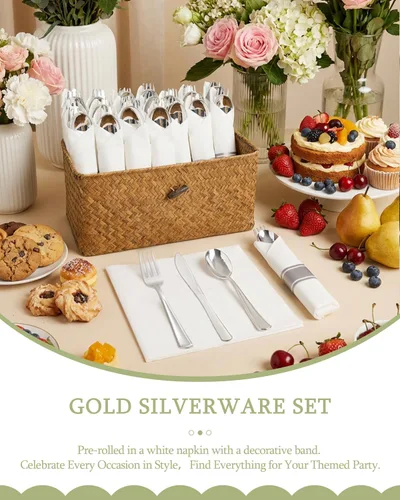 Miniatura 6 de Supernal Paquete de 60 cubiertos de plástico plateado, cubiertos preenrollados, cubiertos plateados desechables de primera calidad, para bodas