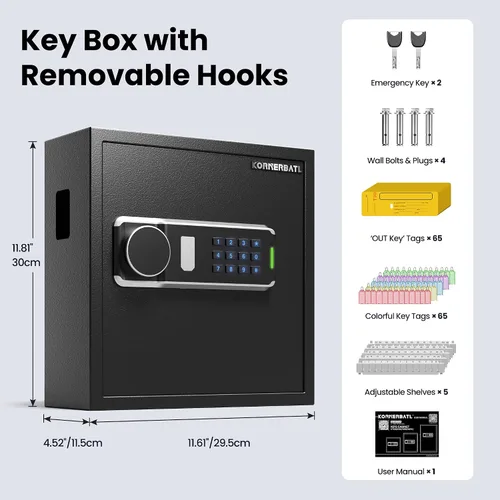 Miniatura 2 de KornerBatl Caja de bloqueo de llave de 65 posiciones con código, soporte de pared electrónico resistente para llaves con ranura de depósito y luz