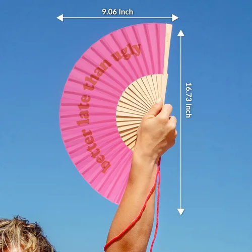 Miniatura 5 de Fisura Ventilador plegable original, mejor tarde que feo, abanicos de mano de madera para mujeres plegables - Diseño rosa y rojo para raves