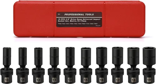 Mayouko 10 piezas 3/8" de 10-19mm, juego de llaves vaso de impacto universal profundo, 6 puntos, métrico