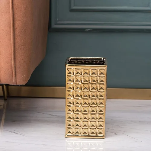 Miniatura 4 de Basurero para baño, pequeño bote de basura de oficina para cocina, cubo de basura rectangular delgado, cerámica, dorado