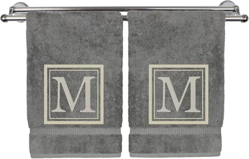 Miniatura 108 de Juego de 2 toallas de mano con monograma, 16 x 30 pulgadas, regalo personalizado, letra blanca bordada con diseño cuadrado sobre toalla negra, extra