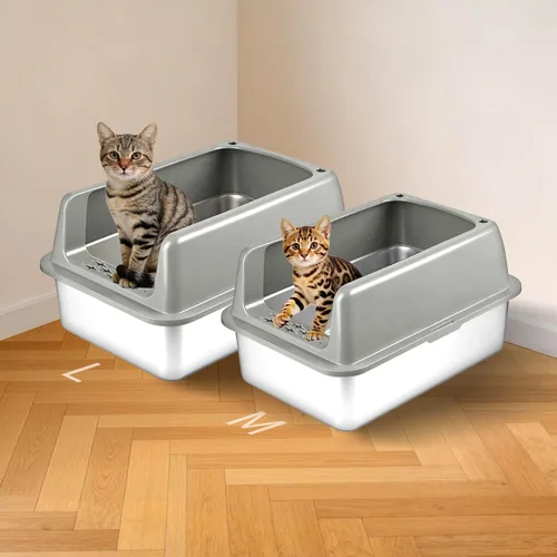 Miniatura 8 de Kirecoo Paquete de 2 cajas de arena de acero inoxidable con tapa, caja de arena de metal cerrado mediano para gatos, bandeja de arena antifugas