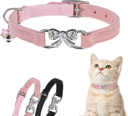 Miniatura 17 de BINGPET collar ajustable para gatos, de terciopelo suave, seguro, collares Bling diamante con cascabel, Adjustable, Rosado claro Rosa