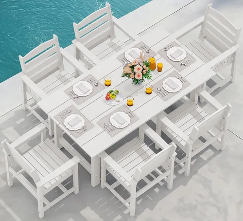 Miniatura 52 de SERWALL Juego de Mesa de Comedor de HDPE para Exteriores, Juego de 7 Piezas de Mesa de Comedor al Aire Libre con Mesa con Corte para Agujero de Gris